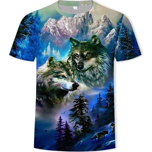 Two wolves T-shirt 2021 summer fashion new animal 3D printing mens short-sleeved casual loose top street quick-drying clothing