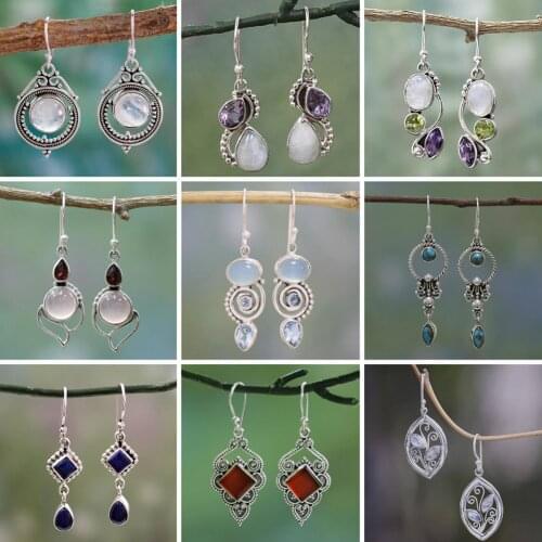 New Fashion Vintage Earrings for Women Natural Tiger Eye Beads Stone Moonstone Dangle Long Lady Earrings Retro Girls Jewelry