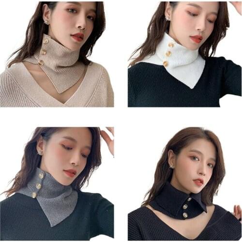 New style Women Ribbed Knitted Warm Snood Scarf Buttons Solid Color Ring False Collar Cover Elastic Windproof Neck Guard Warmer