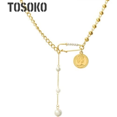 TOSOKO Stainless Steel Jewelry Pin Coin Pearl Necklace Women Fashion Multi Element Clavicle Chain BSP653