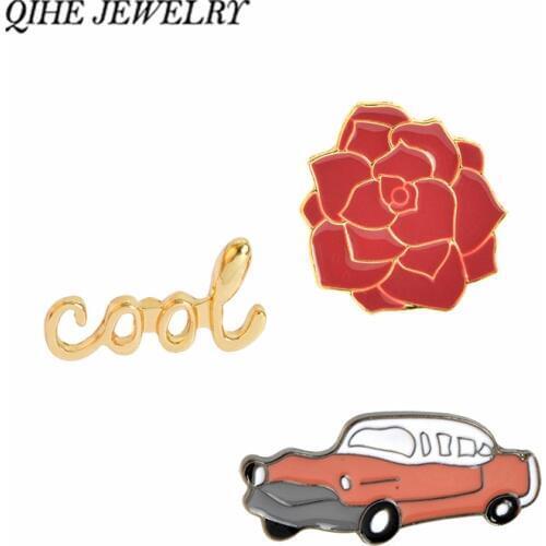 QIHE JEWELRY Vintage Cool Flower Red Car Red Automobile Brooch collar badge Hat Jeans Jacket Accessories
