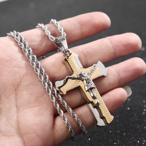 Stainless Steel Jewelry Mens Stainless Steel Simple 3 layers Jesus Cross Pendant Lords Prayer Necklace 24 inch