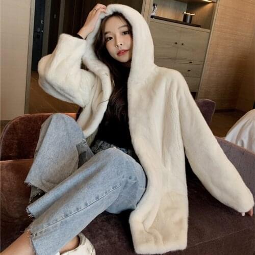 Rabbit imitation fur winter grass mink faux fur coat ladies artificial fur hooded soft plus size 2021 womens jacket black
