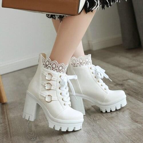 New ankle boots for women lace up buckle round toe white high heels platform boots women fashion shoes fur winter snow boots