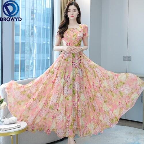 Women Floral Print Casual Short Sleeve Polyester Long Dress Thin Slimming Elegant Dress Summer High Waist Party Dresses Vestidos