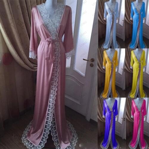 LO&LI Satin With Lace Patchwork Bathrobe Nightwear Sleepwear Prom Gown Dresses Full Sleeves Women Long Robes