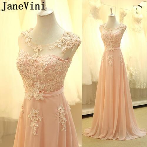JaneVini Pink Sequin Bridesmaid Dresses Girl Ladies Dresses For Wedding Party Long Chiffon Lace Pearls Women Prom Formal Gowns