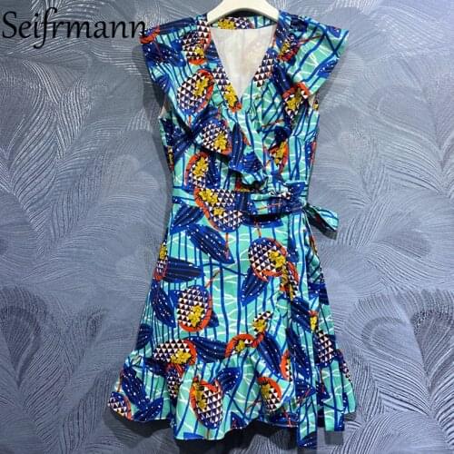 Seifrmann New 2021 Summer Women Fashion Designer Cotton Dress Short Sleeve Bow Sashes Ruffles High Waist Print Dresses Vestidos
