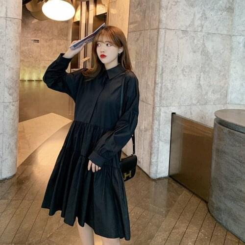 Long Sleeve White Black Shirt dress 2021 Summer Autumn Korean Button Pleated Dress Women Sweet Plus Size A-Line Dresses MH474