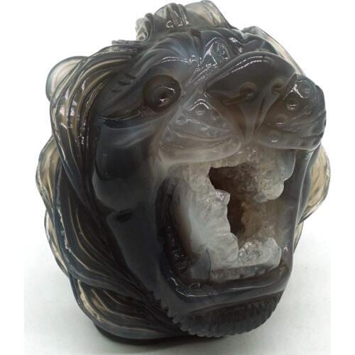3.5" Grey Agate Lion Head Carved Statue Reiki Healing Geode Home Office Decor Stone Carving