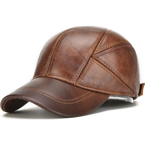 AOLI002 Elder 100% Real Leather Baseball Caps Dad Hat Winter Man Thick Warm Earflap Snapback Hat