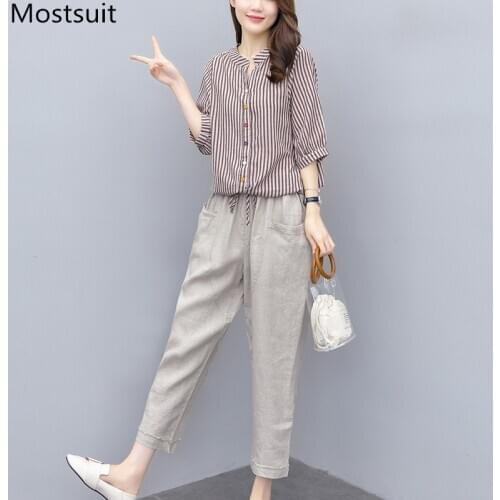 2020 Summer Cotton Linen Two Piece Sets Outfits Women Striped Tops + Ankle-length Pants Suits Casual Korean Fashion 2 Pcs Sets