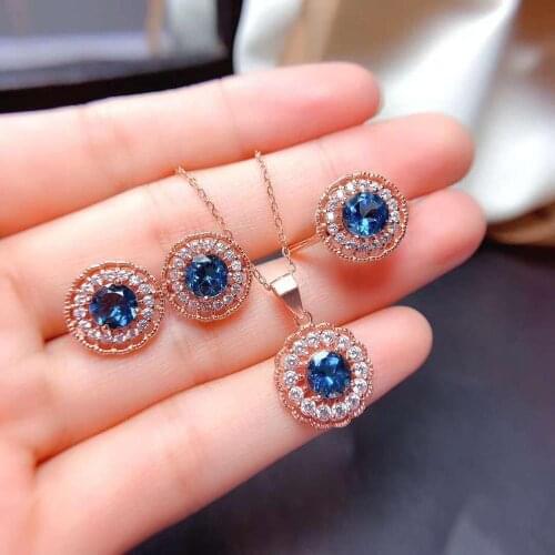 High Quality Blue Topaz Real 925 Sterling Silver Earrings Ring Pendant Necklace Set Fine Fashion Jewelry for Women Free Shipping
