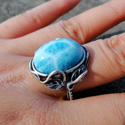 Beautiful 925 Sterling Silver Cabochon Gemstone Oval 13x18mm Natural Larimar Gemstone Larimar Silver Leaf Ring