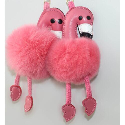 Creative Flamingo rabbit fur key chain pink bird handbag pendant cute animal car decorative flush fluffy pom pom fur pendant