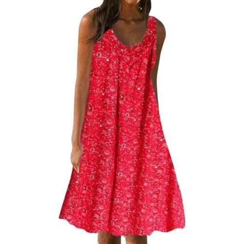 Summer Women Dresses Boho Sleeveless O Neck Floral Print Large Hem Loose Knee-length Tank Dress сарафаны женские летние 2021