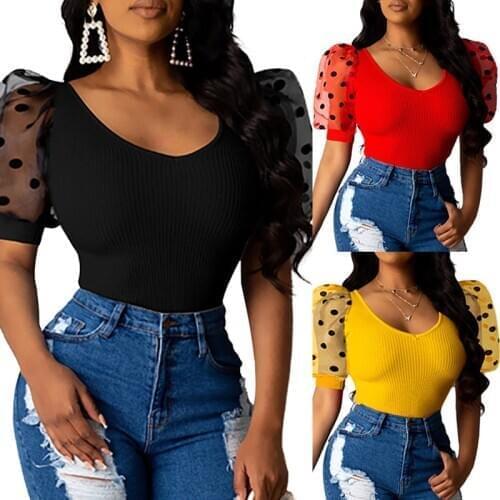 2021 Fashion Women Polka Dot T-Shirt Young Girls Mesh Patchwork Pullovers Tops Bubble Puff Short Sleeve T Shirt For Women Tops