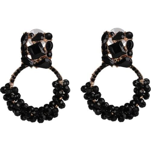 Fashion Acrylic Beaded Big Circle Earrings Women Geometric Round ZA Earrings Jewelry Femme luxury Glass Crystal Long Earrings