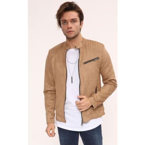 Mens Mink High Collar Suede Jacket 2021 Season Outerwear Front Zipper Detailed High Quality Bomber Jacket Slim Fit Young Style