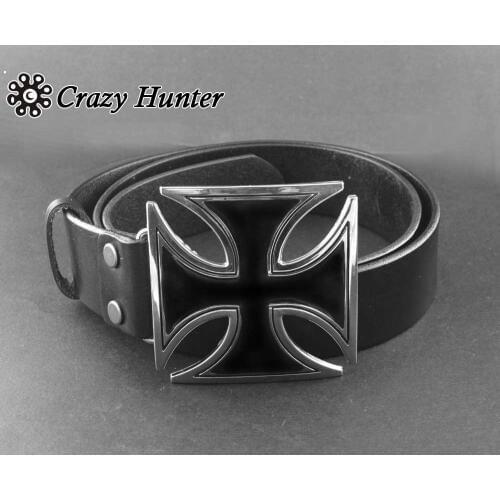 Mens Iron Huge Cross Buckle Biker Trucker Genuine Cowhide Leather Belt Black