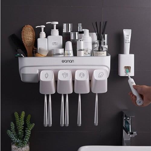 Toothbrush Holder Wall Automatic Toothpaste Squeezer Dispenser Magnetic Adsorption Inverted Cup Storage Rack Bathroom Accessorie