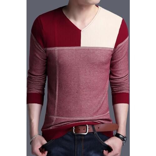 2017 New autumn mens casual v neck plaid sweater male slim fit cotton pullover patchwork sweater free shipping