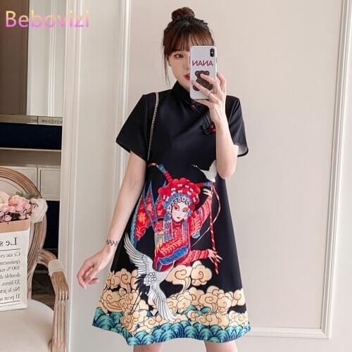 Plus Size M-4XL Peking Opera Print Short Sleeve Fashion Modern Trend Cheongsam Dress for Women Qipao Traditional Chinese Clothes