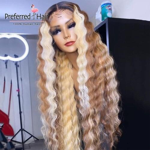 Preferred Blonde Piano Color Deep Wave Wig Brazilian Remy 13x4 Lace Front Human Hair Wig Pre Plucked Straight Wig for Women