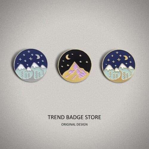 Midnight Snow Mountain Brooch Ornament Hiking Snow Mountain Forest Souvenir Pins Metal For Backpack Bag Badge