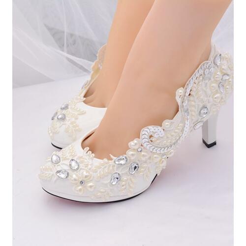 8cm 3 inch heel lace bridal wedding shoes ivory plus size 41 42 high heel HS382 platforms slip on crystal ladies party pump