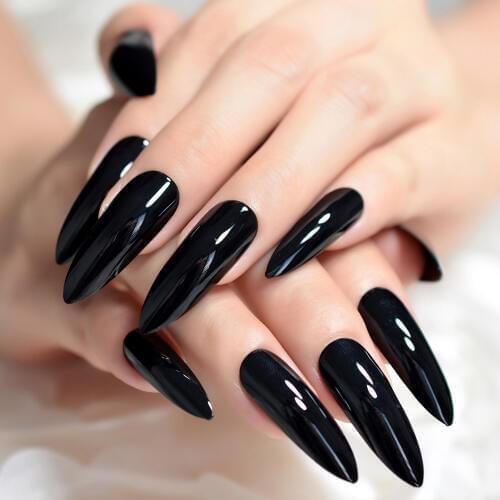 24Pcs Good Quality Acrylic False Nails Pure Black Grids Extra Long Nail Tips Makeup Easy Apply Sharp Stiletto UV Gel Nails Z931