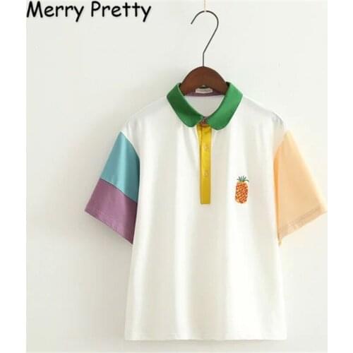 XUANHAO Harajuku Style Cartoon Embroidery Cotton T-shirt Summer Women Casual Kawaii Patchwork Sleeve Cute White Tee Top