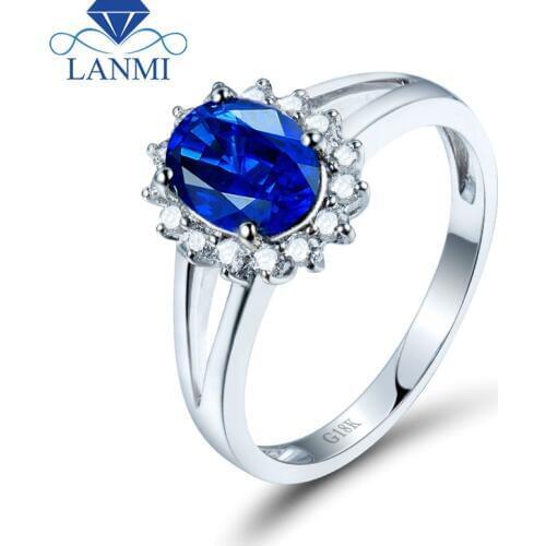 Solid 18K White Gold Sapphire Engagement Ring For Women Real Diamond Blue Gem Jewelry for Wife Loving Gift