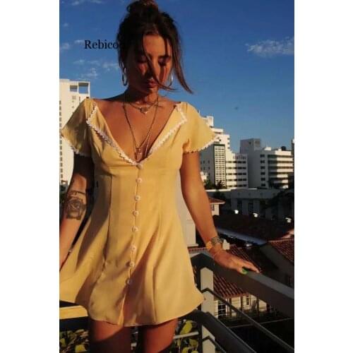 Rebicoo Spring V Neck Lace Button Sexy Bohemian Beach Dresses Mini Short Sleeve Short Runway Dress Casual Spring Vestido