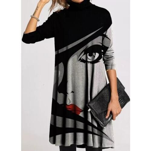 Turtleneck Warm Vintage Face Print Women Dress 2020 Winter Elegant Long Sleeves Patchwork Dresses Female Casual Loose Vestidos