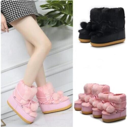 Winter Snow Boots Parent-Child Thick Faux Fur fluffy Lace-Up Ball Sponge Warm Waterproof Rubber Non-Slip Platform Girls Booties