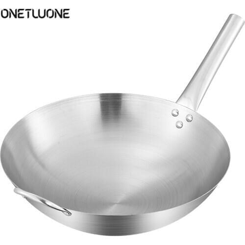 11in Stainless Steel Wok Round Bottom wok pan With Ears Uncoated Omelette pan Kitchen Cooking pan Gas stove general