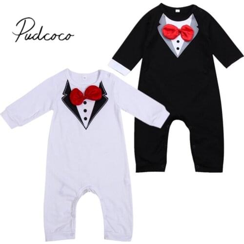2018 Brand New Summer Formal Toddler Baby Gentalman Boys Romper Long Sleeve Gentle Bow Solid Jumpsuits Playsuit Outfit 0-3Y