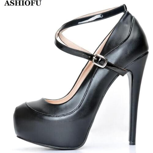 ASHIOFU Handmade Ladies High Heel Pumps Cross Buckle Strap Party Office Shoes Round-toe Platform Evening Fashion Pumps Shoes