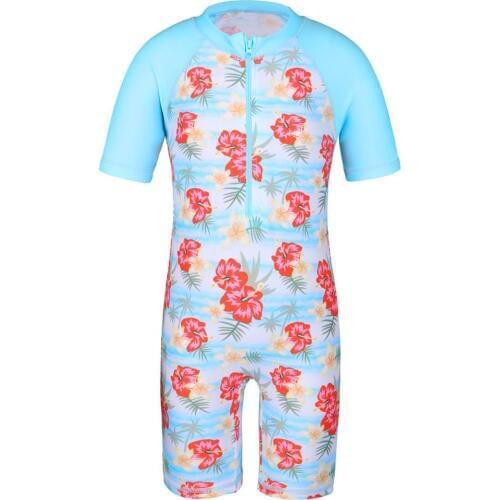 BAOHULU 4-11 Years Girls Swimwear Short Sleeves One-Piece Swimming-Suit for Kids UPF50+ Zipper Blue Floral Children Beach-Wear