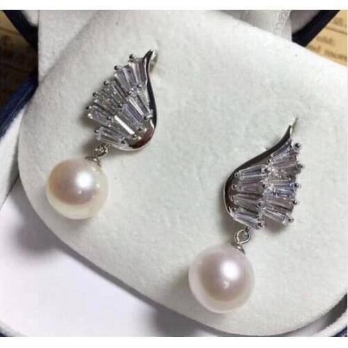 Free shipping charming 9-10mm Freshwater dangle pearl earring 925 silver