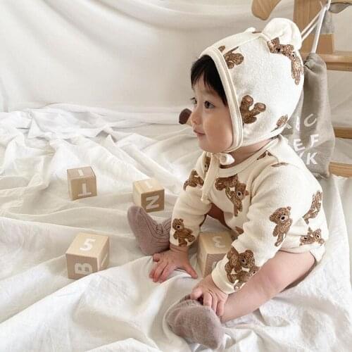 Baby Bodysuit Cute Bear Print Spring Autumn Cotton Boys Long Sleeve Jumpsuit + Bear Ear Hat 2pcs Baby Girl Bodysuit Clothes