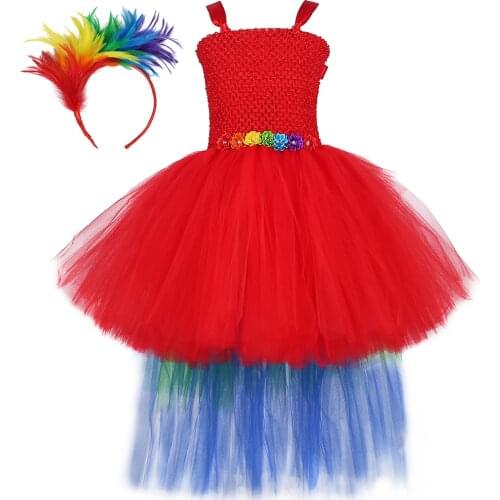 Macaw Parrot Tutu Dress with Tail Rainbow Feathers Headband Girls Birthday Party Clothes Bird Cosplay Halloween Costume for Kids