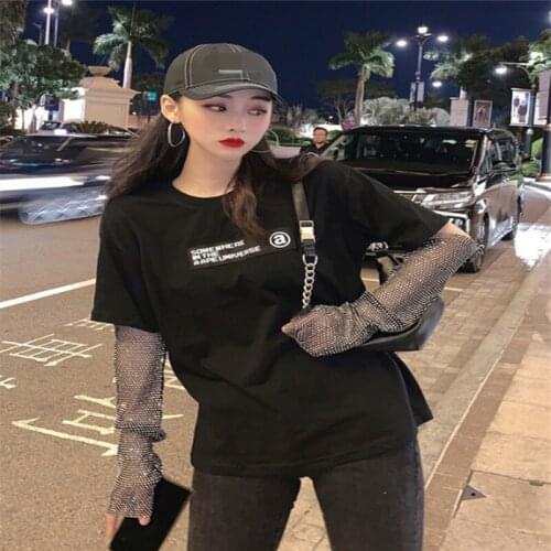 Focal20 Streetwear Letter Female T Shirt Diamonds Patchwork Fake 2 Pieces Female Pullovers Tops Casual Spring Lady T Shirts Tees