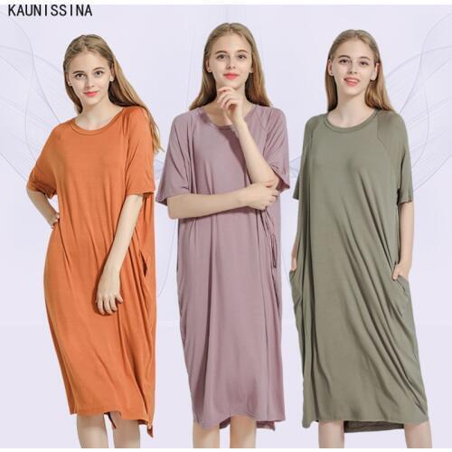 Summer Women Sleepwear Short Sleeve Modal Sleep Dress Pocket Plus Size Long Loose Nightgown Female Nightwear Sleep Dress