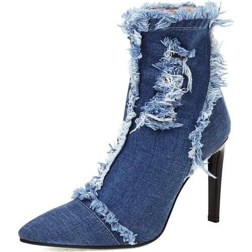 MKKHOU Fashion Short Boots Womens New Denim Pointed Toe Hollow Stiletto 9.5 cm High Heel Boots All-match Ankle Boots Large Size