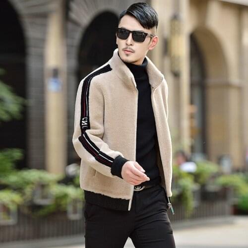 Mens fur color-blocking embroidery thickened warmth stand-up collar fur one-piece slim-fit sheep shearing winter jacket