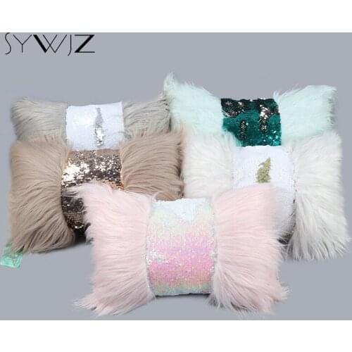 Sequined Fluffy Cushion Cover Throw Pillows Cases Plush Furry Soft Velvet Lumbar Pillow Home Decor Solid Nordic Housse Coussin