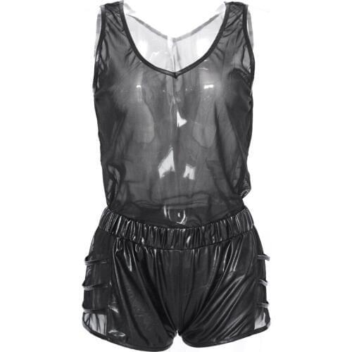 New Sale Men Sexy Lingerie Underwear Sleeveless Sheer Mesh Top Leather Hollow Out Boxers Men Erotic Lingerie W850536