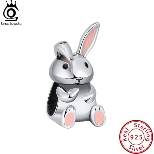 ORSA JEWELS 925 Sterling Silver Cute Rabbit Animal Charm for Original Silver Snake Bracelet & Bangle Fine DIY Jewelry CB08